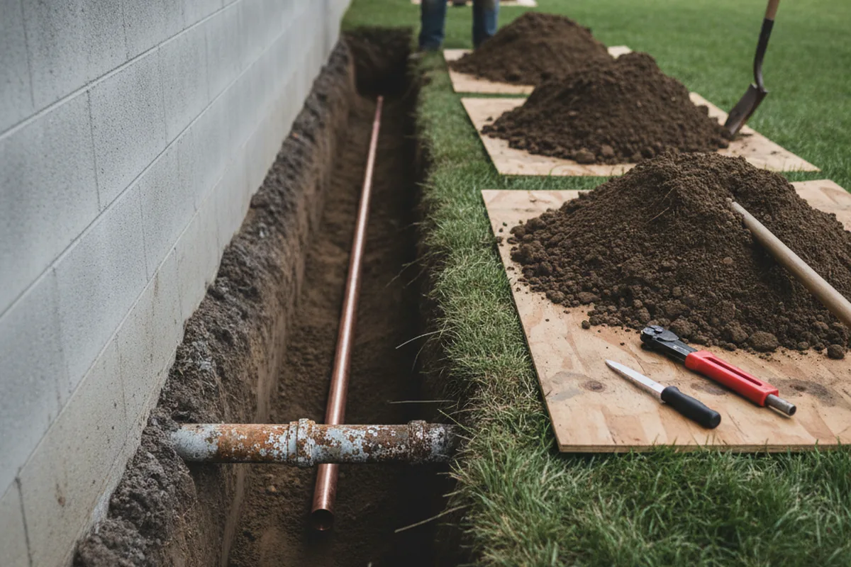 Excavated water line trench during Water Softener Installation in Newburg